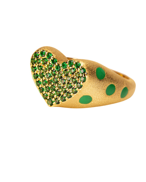 Signet Ring with Enamel and Pave Emerald Heart and Enamel