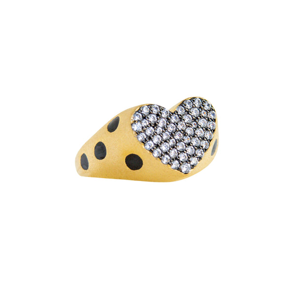 Heart Signet Ring in Vermeil Gold with Enamel and Pave Setting