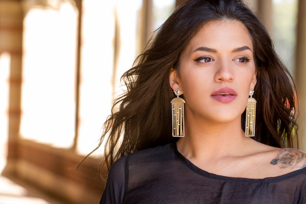 AMMANII Rectangular Statement Earrings with Freshwater Pearls and Tassels in Vermeil Gold - AMMANII