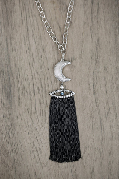 AMMANII Guardian Moon and Protective Eye Necklace with Tassels in Black Rhodium - AMMANII