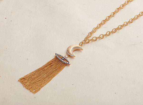 AMMANII Guardian Moon and Protective Eye Necklace with Tassels in Vermeil Gold - AMMANII