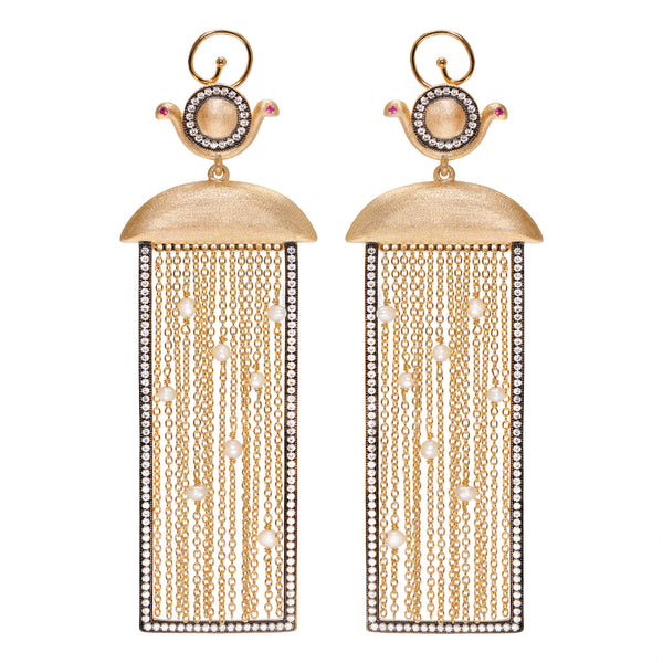 AMMANII Rectangular Statement Earrings with Freshwater Pearls and Tassels in Vermeil Gold - AMMANII