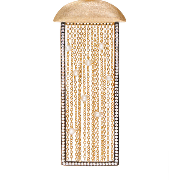 AMMANII Rectangular Statement Earrings with Freshwater Pearls and Tassels in Vermeil Gold - AMMANII