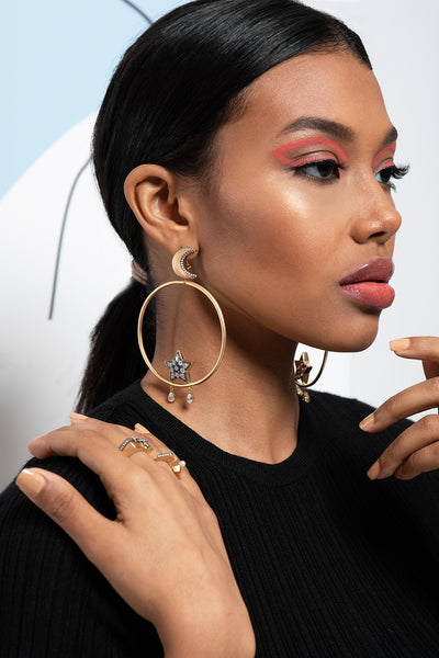 AMMANII Pavé Star and Guardian Moon Statement Hoop Earrings in Vermeil Gold - AMMANII