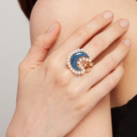 AMMANII Lapis Lazuli and Freshwater Pearls Moon with Stars Ring in Vermeil Gold - AMMANII