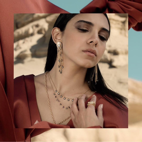 AMMANII Pavé Stars and Moons Drop Earrings with Tassels and Charms in Vermeil Gold - AMMANII