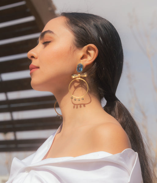 AMMANII Blue Spinel Statement Hoop Earrings in Vermeil Gold - AMMANII