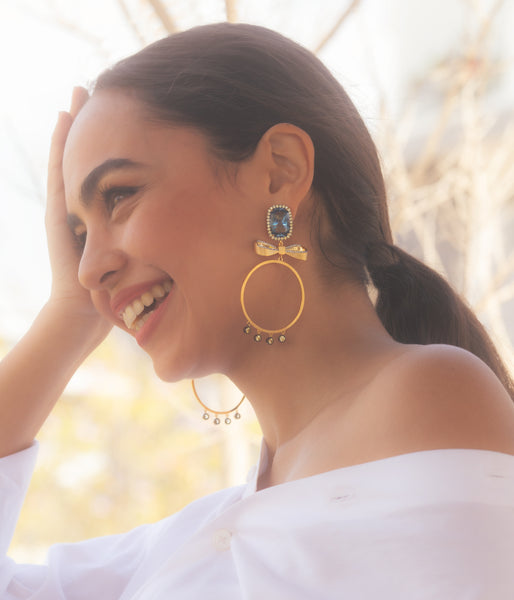 AMMANII Blue Spinel Statement Hoop Earrings in Vermeil Gold - AMMANII