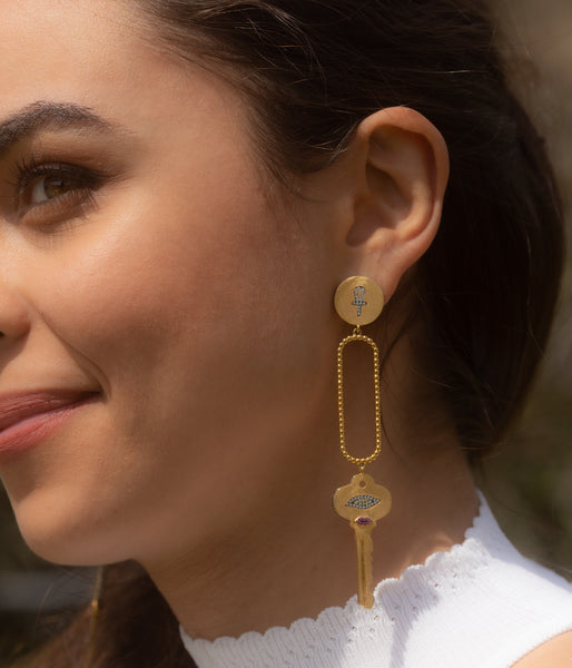 AMMANII Key Earrings with Protective Eye and Ankh in Vermeil Gold - AMMANII