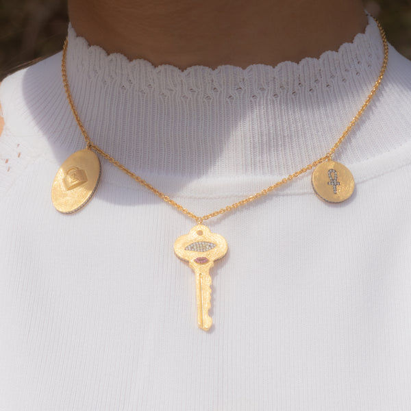 AMMANII Pavé Lock, Key, And Ankh Charm Necklace in Vermeil Gold - AMMANII
