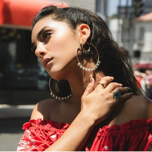 AMMANII Statement Hoop Earrings with Star Charms and Freshwater Pearls in Vermeil Gold - AMMANII