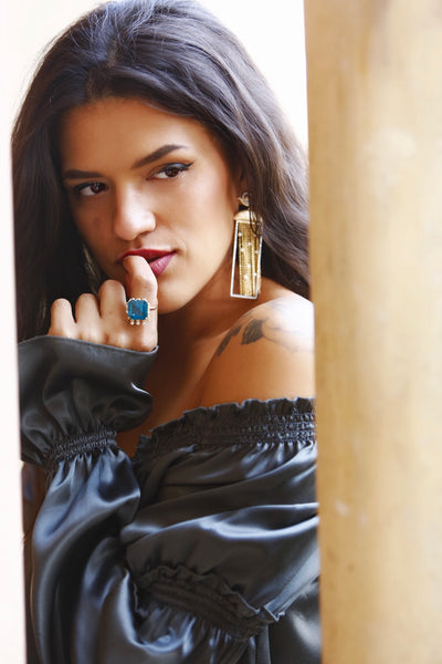 AMMANII Blue Topaz Queen's Crown Ring with Charms in Vermeil Gold - AMMANII