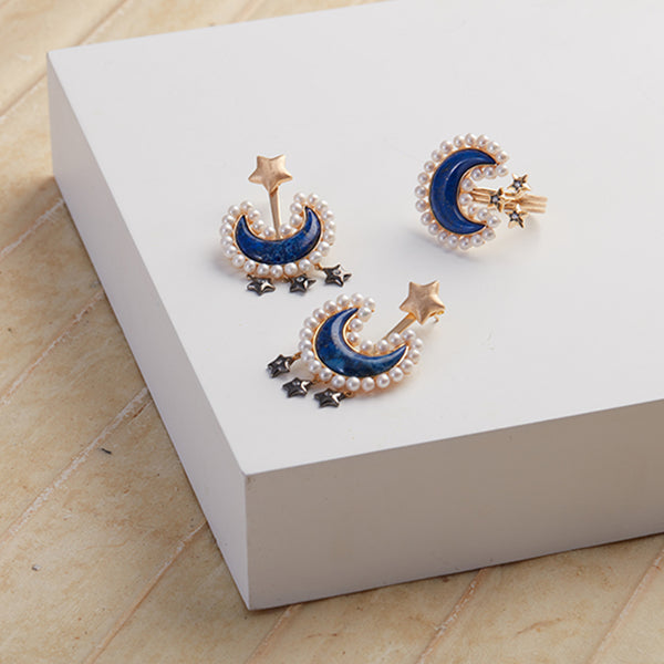 AMMANII Lapis Lazuli with Pearls Moon and Star Ear Jacket Earrings in Vermeil Gold - AMMANII