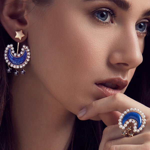 AMMANII Lapis Lazuli and Freshwater Pearls Moon with Stars Ring in Vermeil Gold - AMMANII