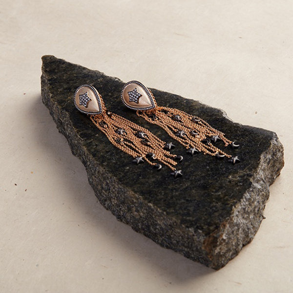 AMMANII Pavé Stars and Moons Drop Earrings with Tassels and Charms in Vermeil Gold - AMMANII