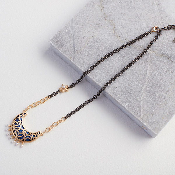AMMANII Lapis Lazuli Moon Necklace with Freshwater Pearl Charms in Vermeil Gold - AMMANII