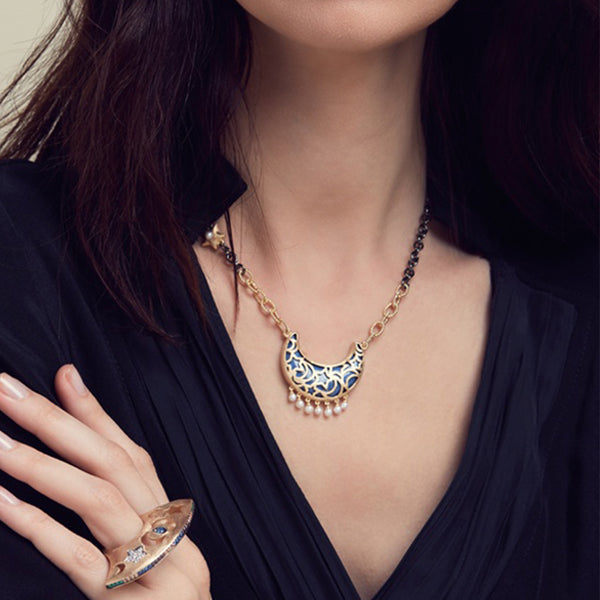 AMMANII Lapis Lazuli Moon Necklace with Freshwater Pearl Charms in Vermeil Gold - AMMANII