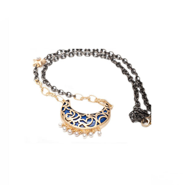 AMMANII Lapis Lazuli Moon Necklace with Freshwater Pearl Charms in Vermeil Gold - AMMANII