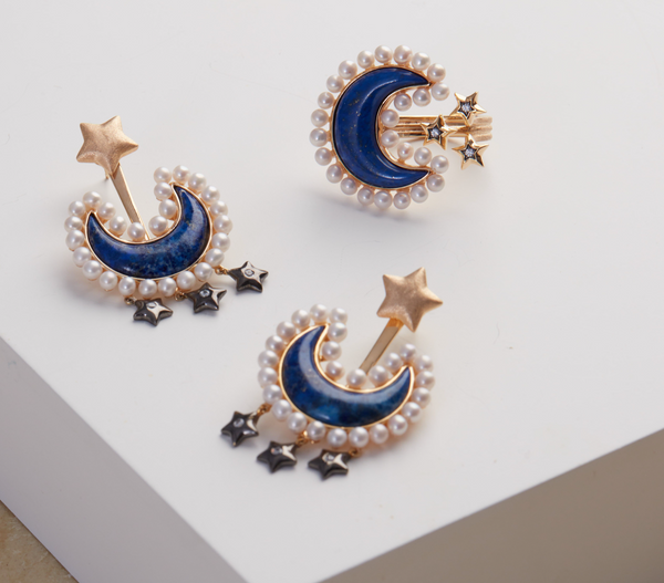 AMMANII Lapis Lazuli and Freshwater Pearls Moon with Stars Ring in Vermeil Gold - AMMANII