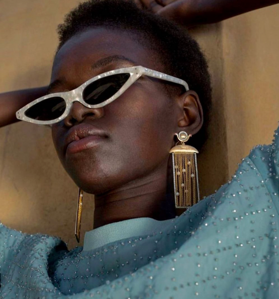 AMMANII Rectangular Statement Earrings with Freshwater Pearls and Tassels in Vermeil Gold - AMMANII