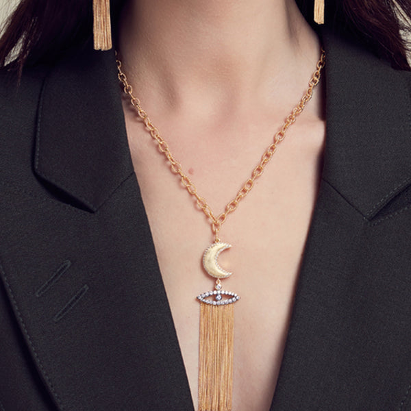 AMMANII Guardian Moon and Protective Eye Necklace with Tassels in Vermeil Gold - AMMANII
