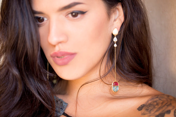 AMMANII Gemstone Scarab Amulet Drop Earrings in Vermeil Gold - AMMANII