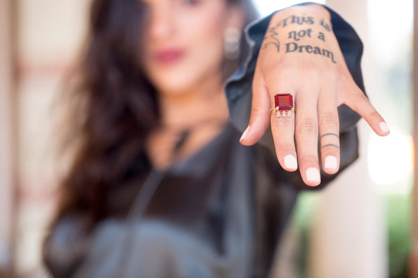 AMMANII Red Garnet Statement Queen's Crown Ring in Vermeil Gold - AMMANII
