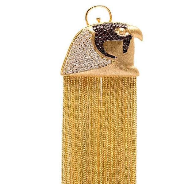 AMMANII Pavé Head Of Horus One Side Earring with Long Tassels in Vermeil Gold - AMMANII