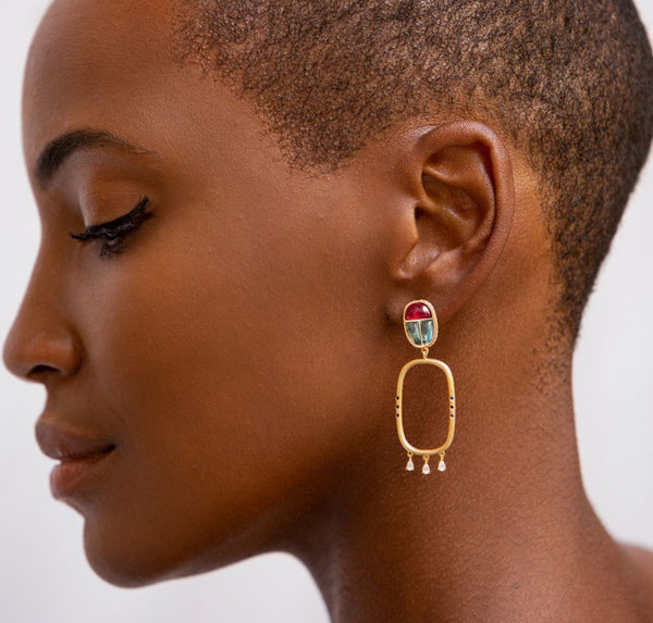 AMMANII Gemstone Scarab Amulet Hoop Earrings in Vermeil Gold - AMMANII