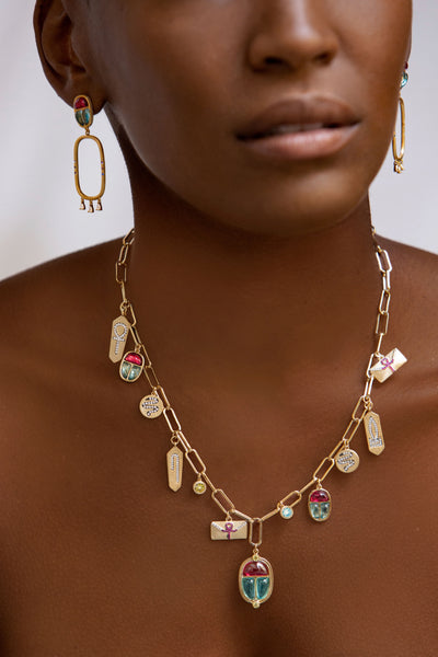 AMMANII The Queen's Scarab Necklace with Gemstones and Amulets in Vermeil Gold - AMMANII