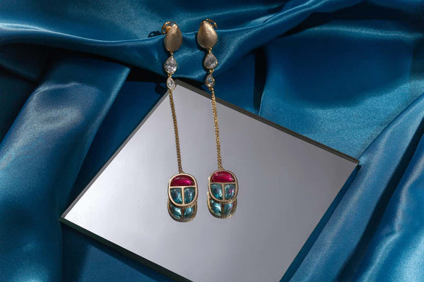 AMMANII Gemstone Scarab Amulet Drop Earrings in Vermeil Gold - AMMANII
