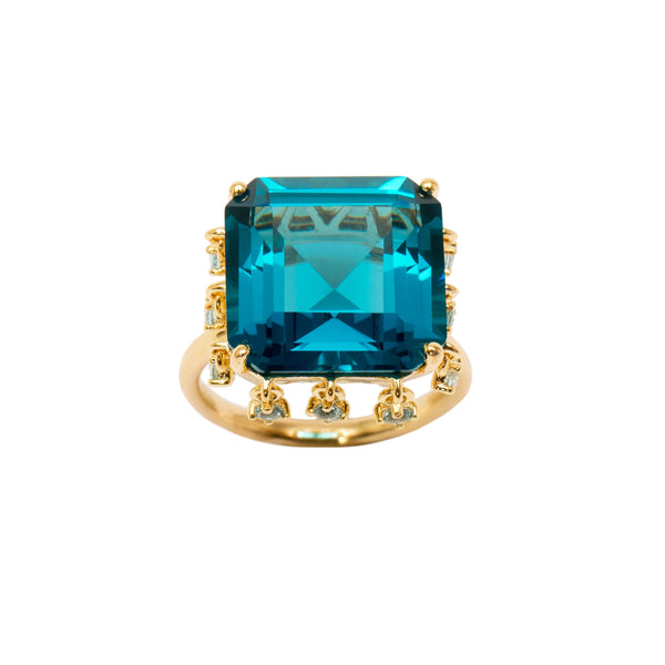 AMMANII Blue Topaz Queen's Crown Ring with Charms in Vermeil Gold - AMMANII