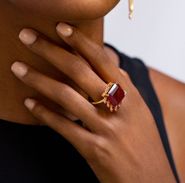 AMMANII Red Garnet Statement Queen's Crown Ring in Vermeil Gold - AMMANII