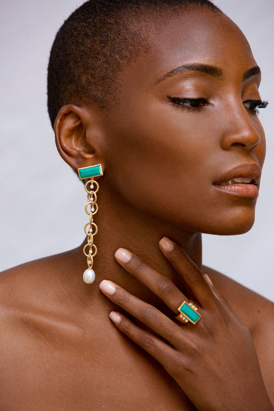 AMMANII Drop Link Chrysoprase Earrings with  Pearls in Vermeil Gold - AMMANII