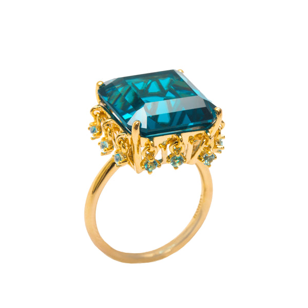 AMMANII Blue Topaz Queen's Crown Ring with Charms in Vermeil Gold - AMMANII