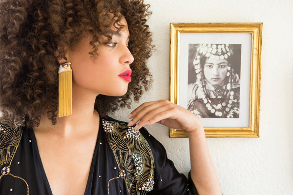 AMMANII Pavé Head Of Horus One Side Earring with Long Tassels in Vermeil Gold - AMMANII