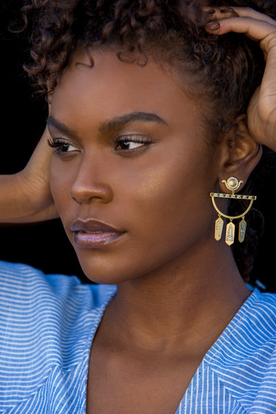 AMMANII Statement Hoop Earrings with Hieroglyphic Amulets in Vermeil Gold - AMMANII