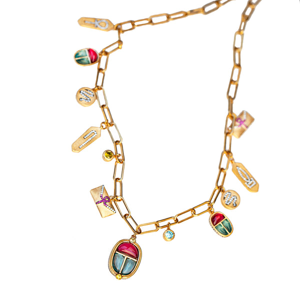 AMMANII The Queen's Scarab Necklace with Gemstones and Amulets in Vermeil Gold - AMMANII