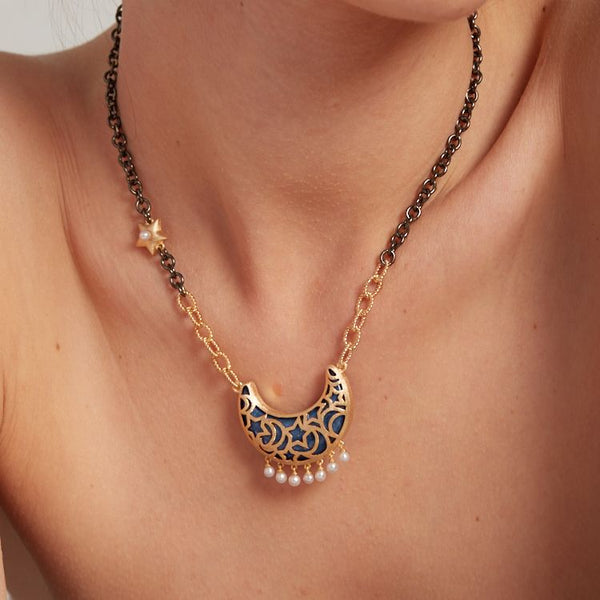 AMMANII Lapis Lazuli Moon Necklace with Freshwater Pearl Charms in Vermeil Gold - AMMANII