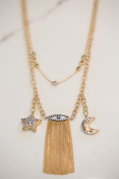 Multi Charm Necklace with Evil Eye in Vermeil Gold