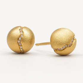 Gold Dome Stud Earrings with Wavy Pavé Setting