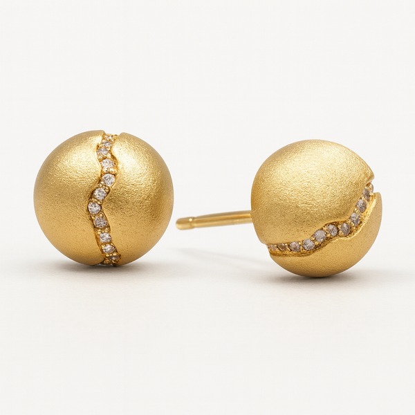 Gold Dome Stud Earrings with Wavy Pavé Setting