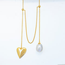 Heart and Pearl Necklace Adjustable Vermeil Gold