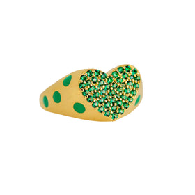 Signet Ring with Enamel and Pave Emerald Heart and Enamel