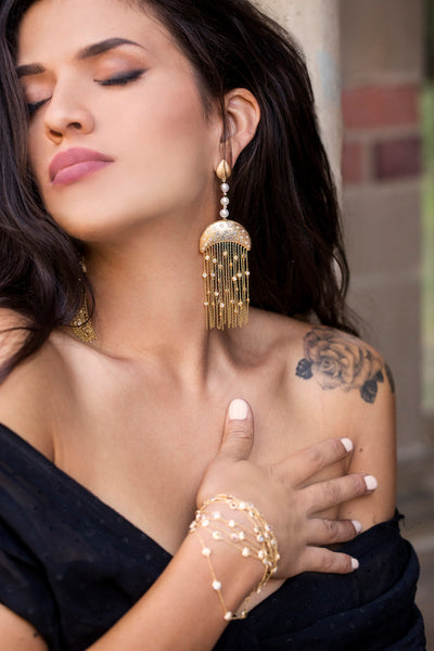 AMMANII Statement Pavé Drop Earrings with Freshwater Pearls and Tassels in Vermeil Gold - AMMANII