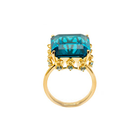 AMMANII Blue Topaz Queen's Crown Ring with Charms in Vermeil Gold - AMMANII