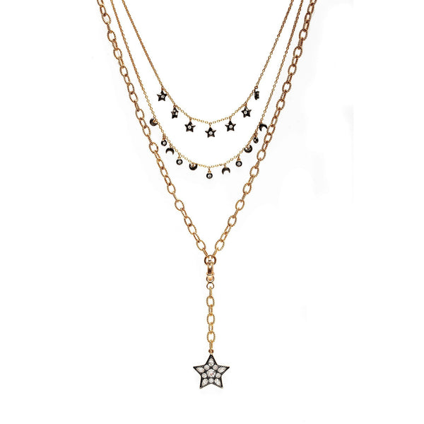 AMMANII Multi-Strand Moon and Stars Charm Pavé Necklace in Vermeil Gold and Black Ruthenium - AMMANII