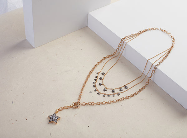 AMMANII Multi-Strand Moon and Stars Charm Pavé Necklace in Vermeil Gold and Black Ruthenium - AMMANII