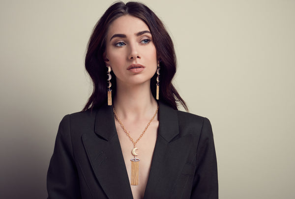 AMMANII Guardian Moon and Protective Eye Necklace with Tassels in Vermeil Gold - AMMANII
