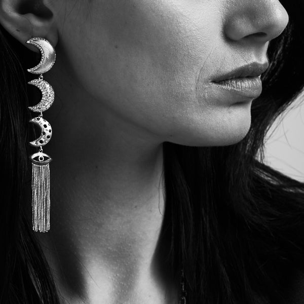 AMMANII Linear Guardian Moon Earrings with Protective in White Rhodium - AMMANII